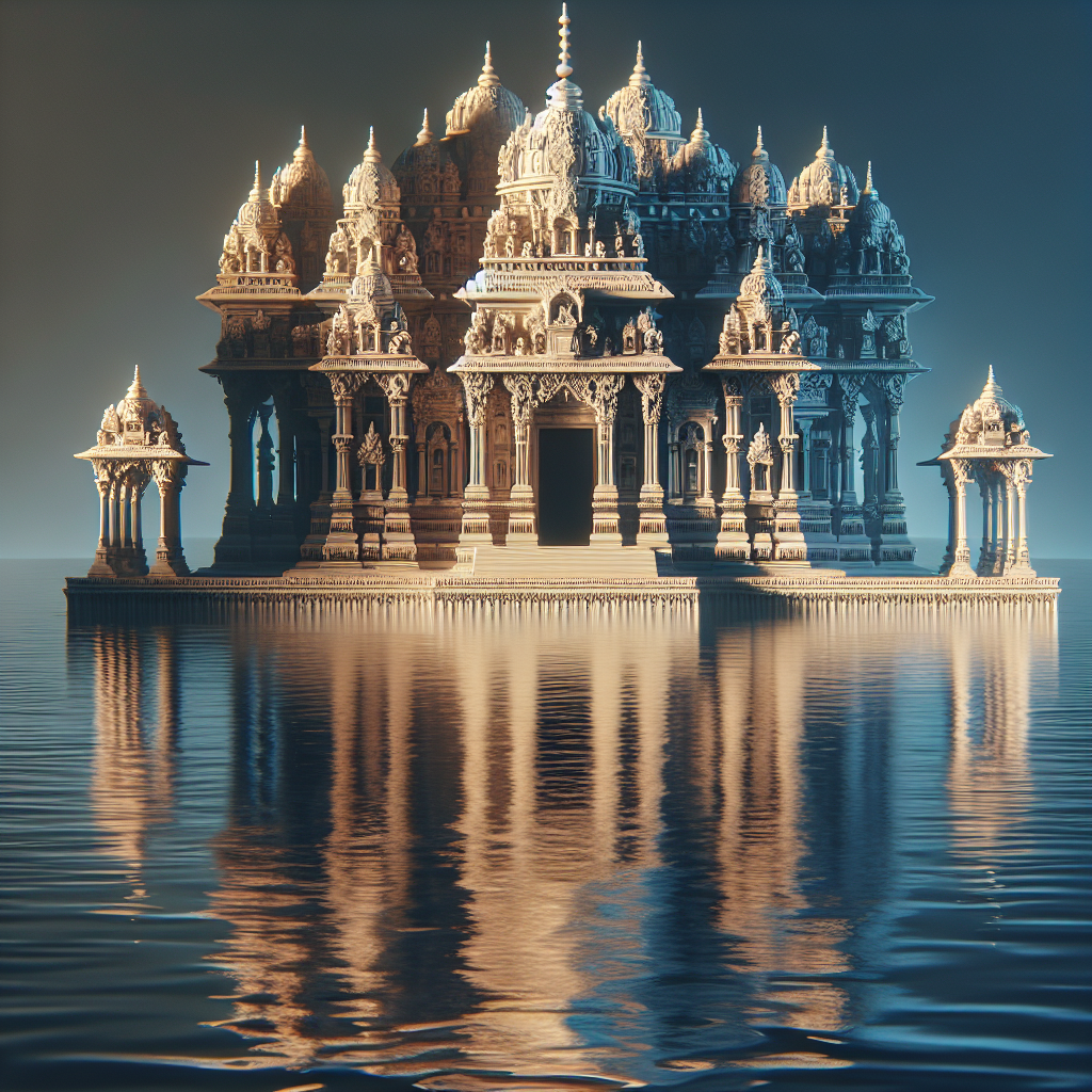A community-built temple surrounded by water in the game.