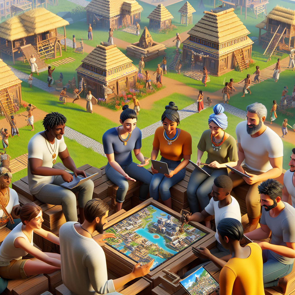 Players collaborating to create a village in the game.